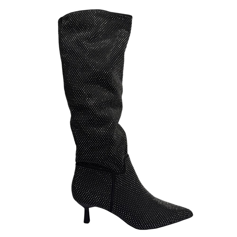 Madden Girl Dicee Kitten Heel Knee High Rhinestone Boots Size 7M Black Silver